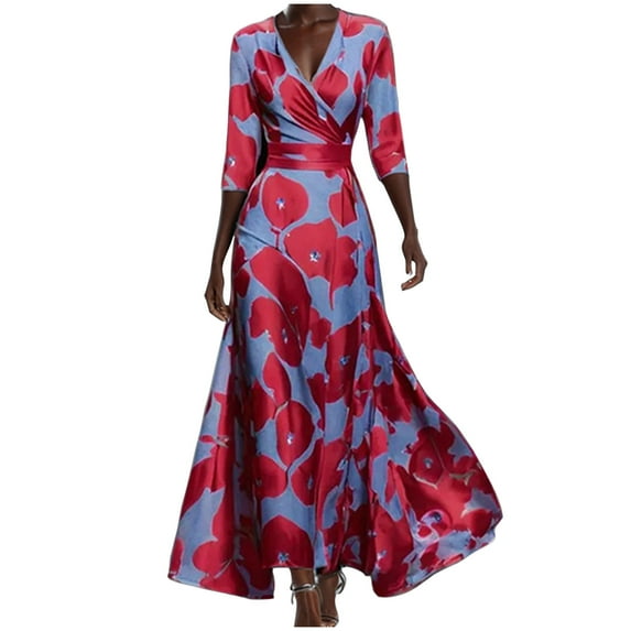 Women's Maxi Party Dress Summer Beach Wrap Short Sleeve V-Neck Floral Print Dresses with Pockets