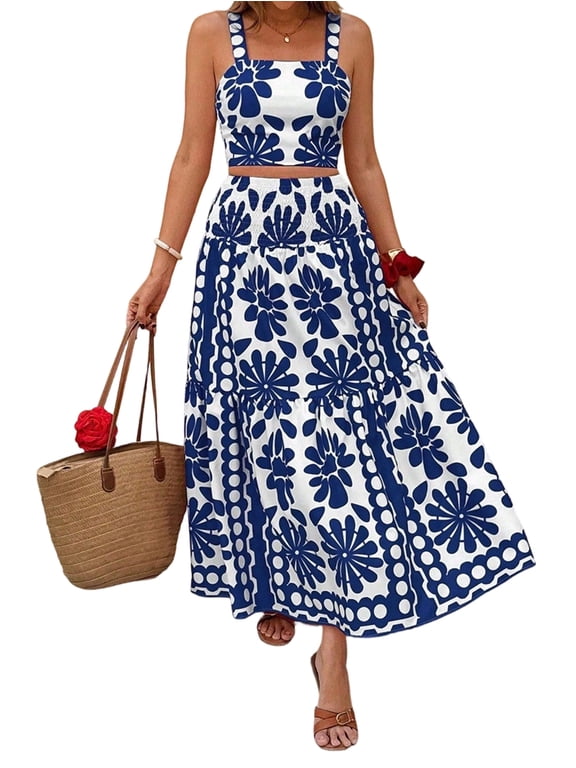 Women's Maxi Sets Print Top High Waist Outfits Skirt for Vacation Blue M