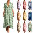 thumbnail image 1 of Women's Maxi Shirt Dress Short Sleeve Button Down Casual Lapel Collar Loose Summer Gingham Beach Cover Up Saffron 2XL, 1 of 4