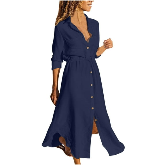 Women's Maxi Shirt Dresses Solid Cotton Linen Button Lapel Long Sleeves Midi Dress Summer Daily Casual Sundress