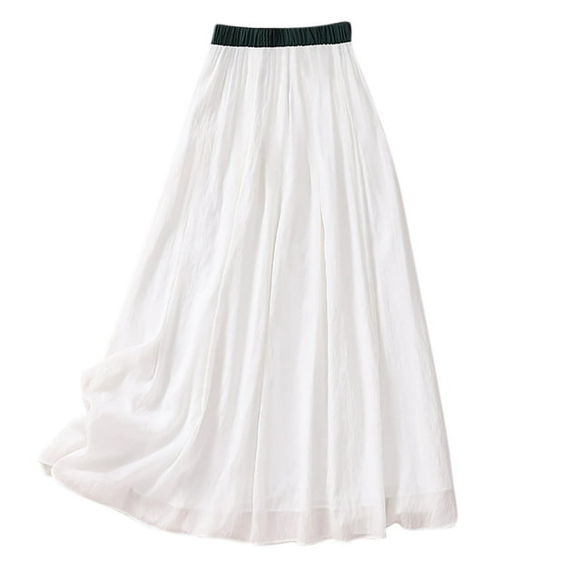 Women's Maxi Skirt A Line Elastic Waist Summer Skirt A Line Flowy Swing Casual Beach Skirt Ankle Length Double Layers Boho Loose Fit, White (XX-Large)
