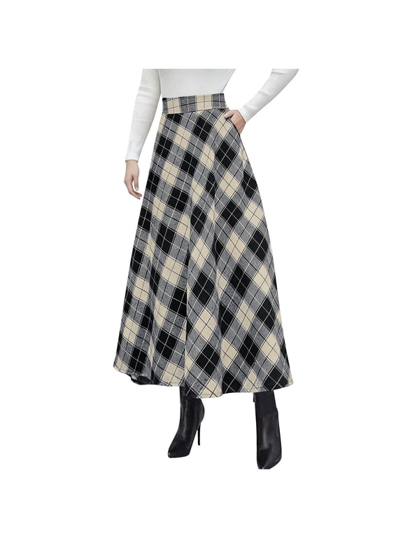 Women's Maxi Skirt Casual High Waisted Pleated Plaid A-line Half Body Large Skirt