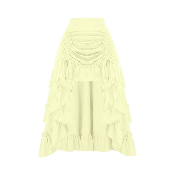 Women's Maxi Skirt Drawstring High Waisted Summer Long Skirts Lightweight Tiered Flowy Floral Pleated Skirts, Retro Court Style with Irregular Hem,Beige,Size L