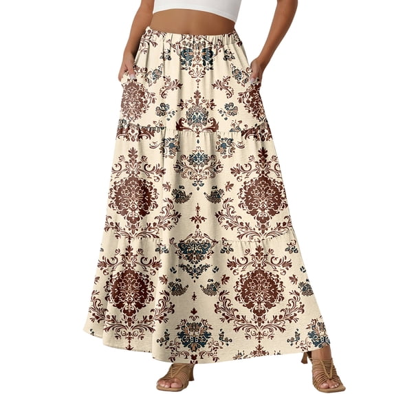 Women's Maxi Skirt Floral Printed Flowy Elastic Waist Long Skirts Boho Summer Beach Vacation Outfits with Pockets