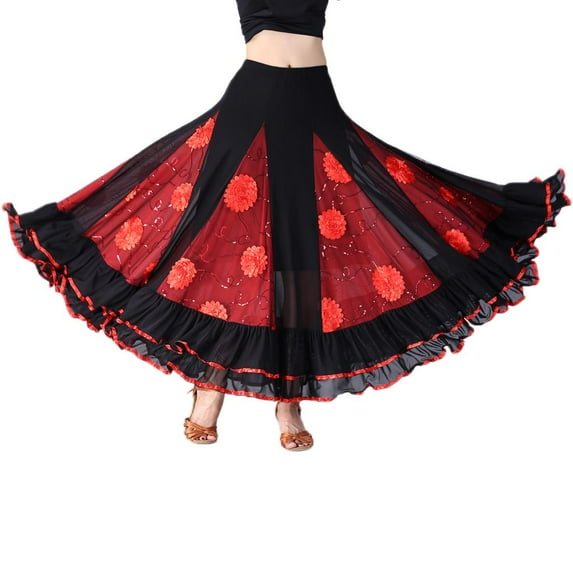 Women's Maxi Skirt Ruffle Dance Skirt Maxi Skirt Standard Ballroom Dancing Long - Red, as described