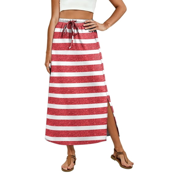 Women's Maxi Skirt Summer Boho Striped Print Elastic Waisted Drawstring Skirt Casual Beach Long Skirts with Pockets Pink 2XL