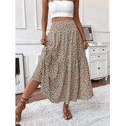 Women's Maxi Skirt Tiny Floral Casual Elastic Waist With Pockets Ruffled Hem Ladies A-Line Long Skirts