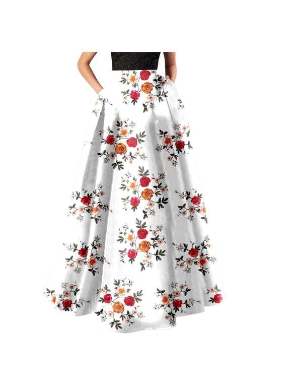 Women’s Maxi Skirt with Rose Floral Print High Waist A-Line Full Length Flowing Skirt with Side Pockets for Casual or Formal Wear White S