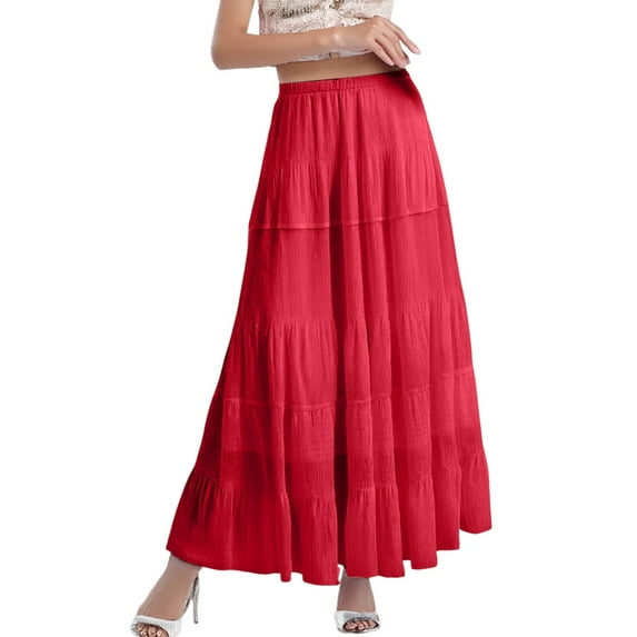 Women's Maxi Skirts Boho Elastic Waisted Pleated A Line Solid Color Stylish Comfortable Long Skirt For Casual Daily Wear,Red,Xxl