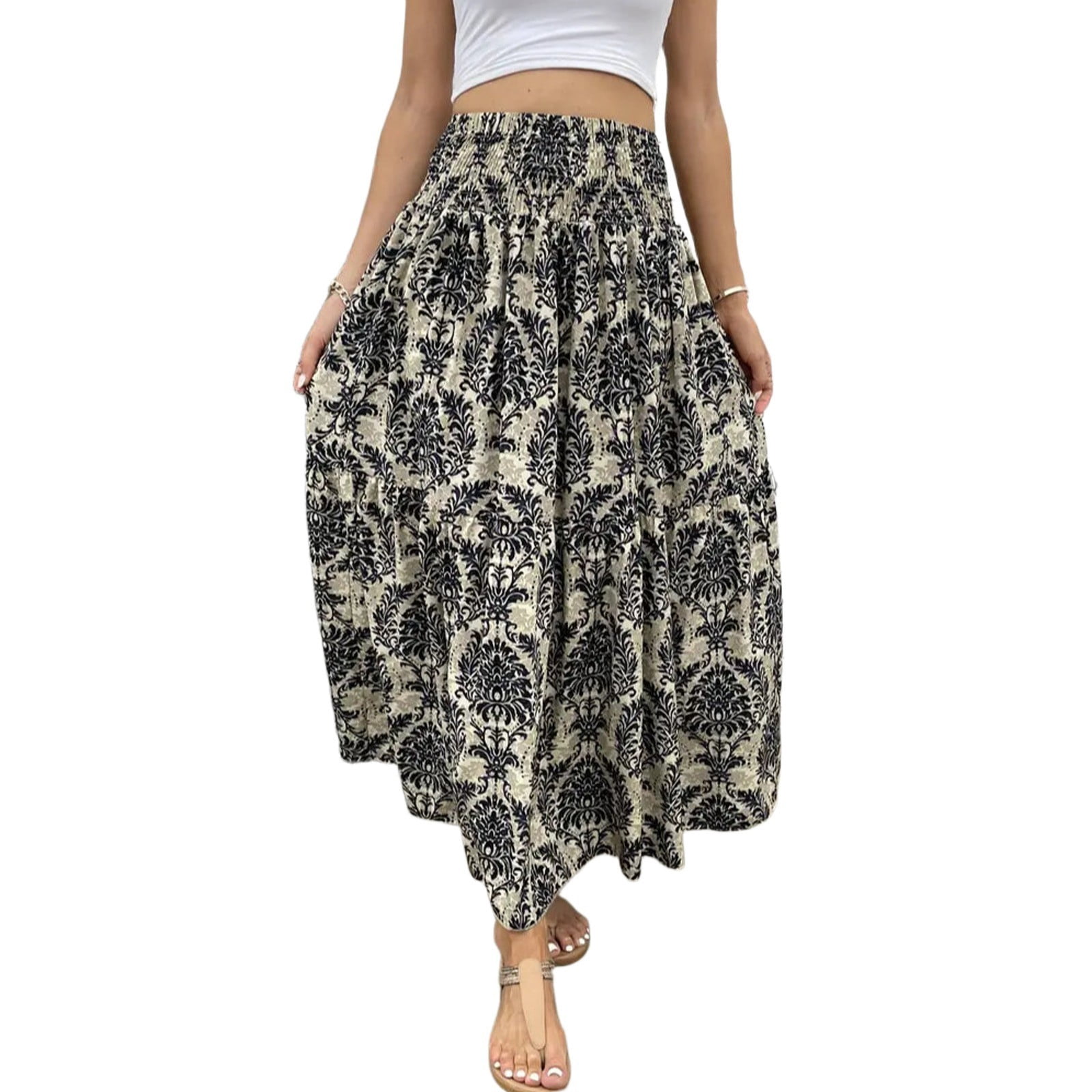 NASHALYLY Women's Chiffon Maxi Skirt - High Waist Pleated A-Line, Floral Print, Elastic Waistband - View #7