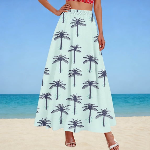 Women's Maxi Skirts Elastic Waist Palm Tree Printed A Line Skirts Casual Beach Vacation Style Lightweight Breathable Flowy Loose Fit Summer Skirts