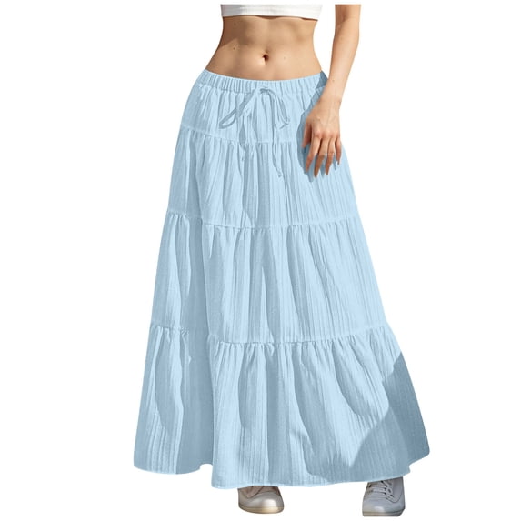 Women's Maxi Skirts Ruffle Tiered Flowy Swing Long Skirt Elastic Waist Drawstring Fashion Summer Beach Clothes (XL, Light Blue)
