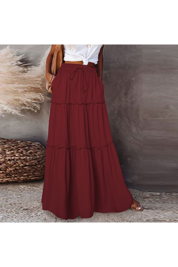 Women's Maxi Skirts Summer Boho Floral High Waisted Flowy Swing Pleated Beach Long Skirt with Pockets Red XL