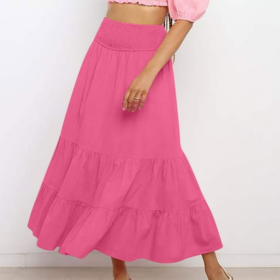 Women's Maxi Skirts Summer Long Flowy A Line Boho High Elastic Waist Pleated Skirt with Pockets Hot Pink S