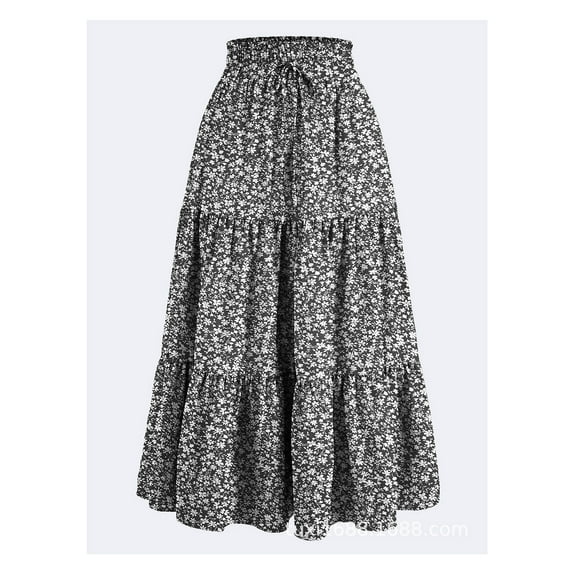 Women's Maxi Skirts Vintage Floral Printed Elastic Waist Flowy Skirts with Drawstring Summer Casual Long Skirts for Women