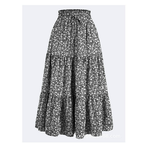 Women's Maxi Skirts Vintage Floral Printed Elastic Waist Flowy Skirts with Drawstring Summer Casual Long Skirts for Women