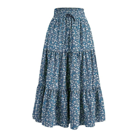 Women's Maxi Skirts Vintage Floral Printed Elastic Waist Flowy Skirts with Drawstring Summer Casual Long Skirts for Women