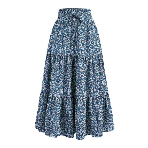 Llgiddwo Women's Maxi Skirts Vintage Floral Printed Elastic Waist Flowy Skirts with Drawstring Summer Casual Long Skirts for Women