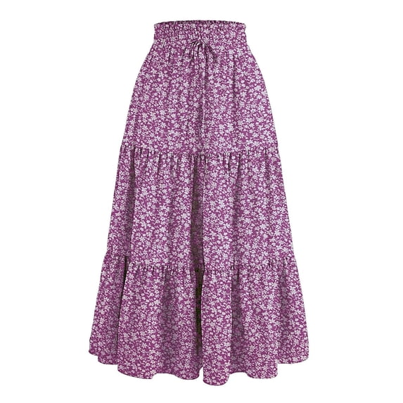 Llgiddwo Women's Maxi Skirts Vintage Floral Printed Elastic Waist Flowy Skirts with Drawstring Summer Casual Long Skirts for Women