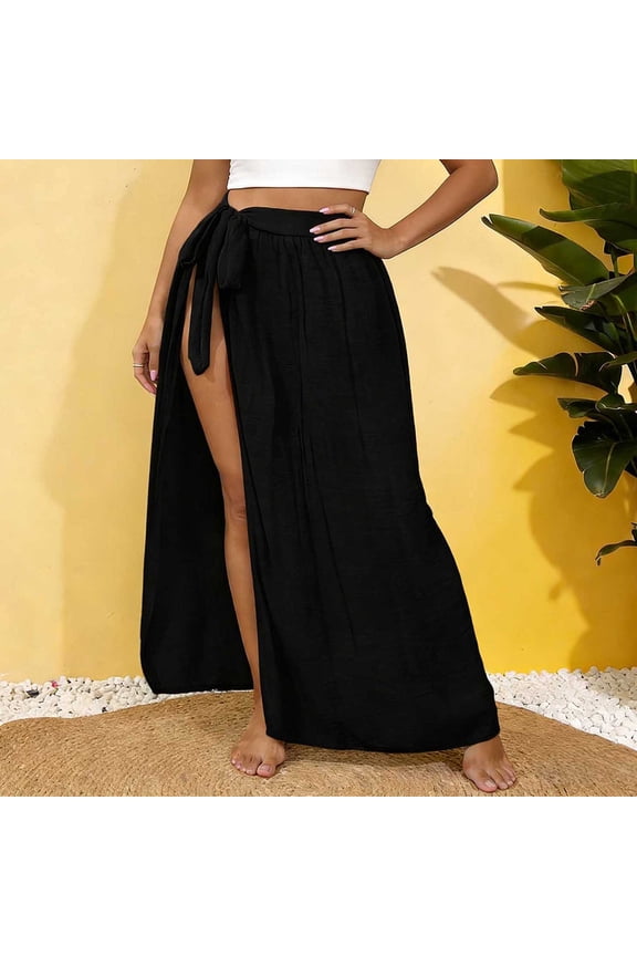 Women's Maxi Skirts Wrap Tie Side Split Hem Skirts Casual Beach Cover Up Style Lightweight Breathable Flowy Loose Fit Summer Skirts