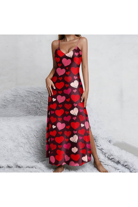 Women's Maxi Slip Dress Deep V Neck Spaghetti Strap Heart Print Side Split Slim Fit Long Dress Elegant Party Club Night Date Night Bodycon Valentine's Day Sundress