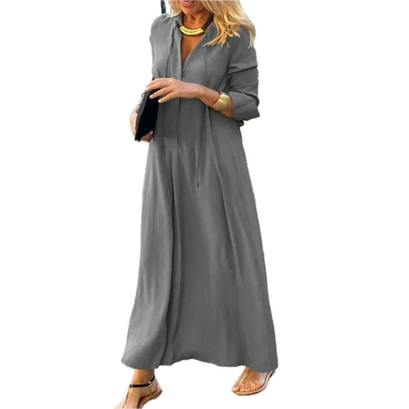 Women's Maxi Solid Color Shirt Dress Plus Size Classic Everyday Look in Polyester Fabric for Comfort and Easy Care