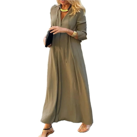 Women's Maxi Solid Color Shirt Dress Plus Size Classic Everyday Look in Polyester Fabric for Comfort and Easy Care