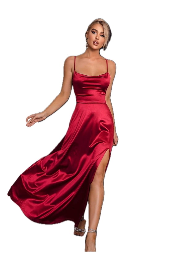 Women's Maxi Spaghetti Strap Lace Up Back Split Dress with Solid Pattern and Moderate Stretch 92% polyester 8% elastane