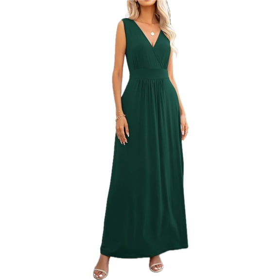 Women's Maxi Surplice Sleeveless Solid Dress Classy Style Ninety Five Percent Viscose and Five Percent Elastane