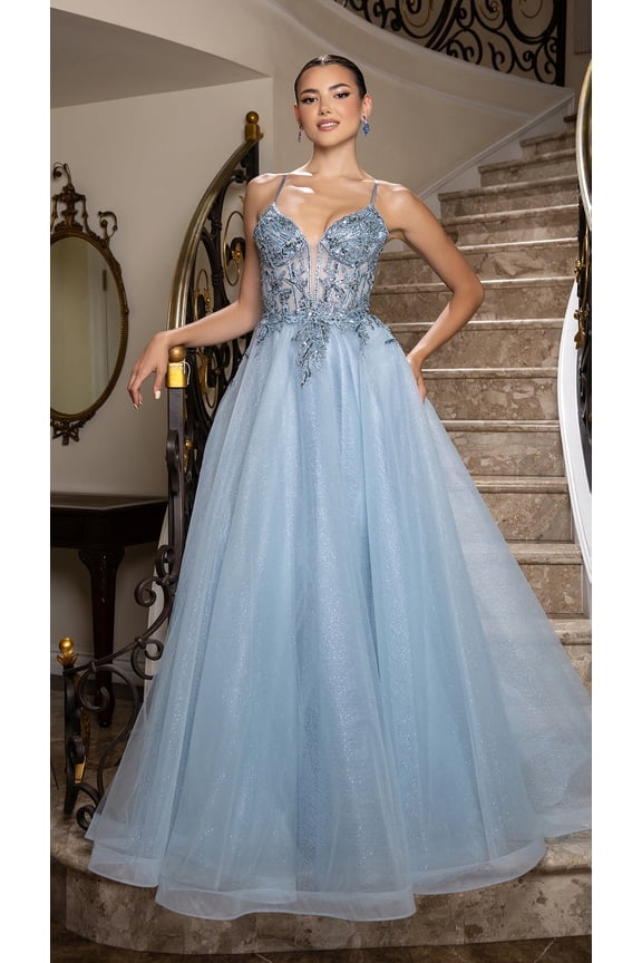 Women's May Queen A-Line Glitter Tulle evening elegant Gown with Beaded Applique Bodice & Spaghetti Straps MQ2178 Dustyblue 4