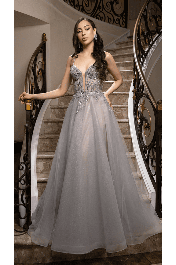 Women's May Queen A-Line Glitter Tulle evening elegant Gown with Beaded Applique Bodice & Spaghetti Straps MQ2178 Silver And16 SILVER/NUDE