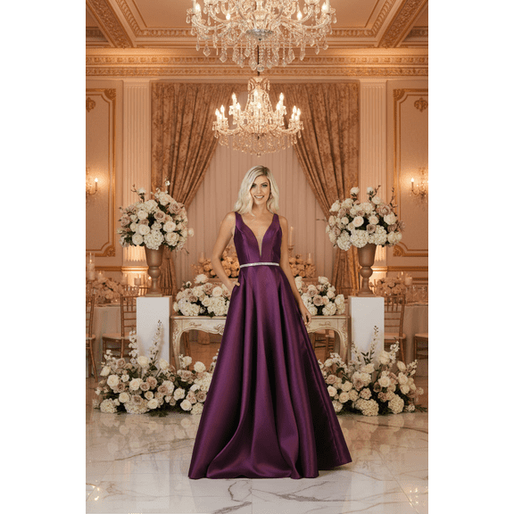 Women's May Queen A Line Plunging V Neck evening elegant Gown Side Pockets Sleeveless Prom 2026 Dress Eggplant 20
