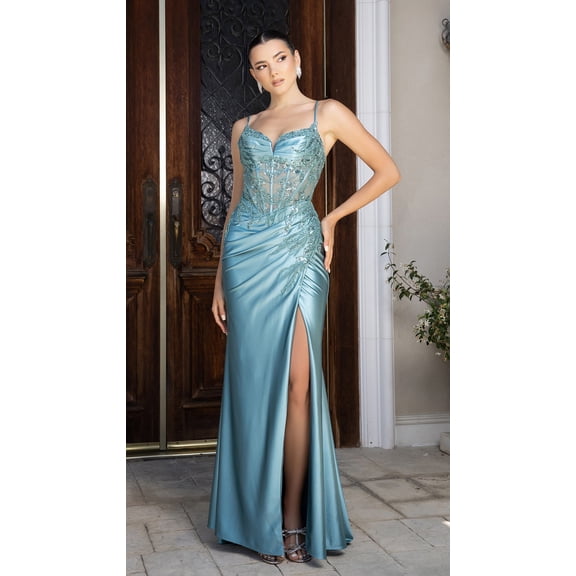 Women's May Queen Elegant Embroidered Satin Prom 2026 Dress with High Slit & Corset Back MQ2183 Seamist 14