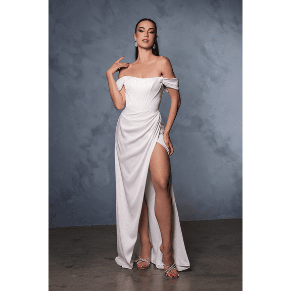 Women's May Queen Elegant Off Shoulder Ivory Satin Wedding Gown with Corset Back and High Slit MQ1953 Dress 8