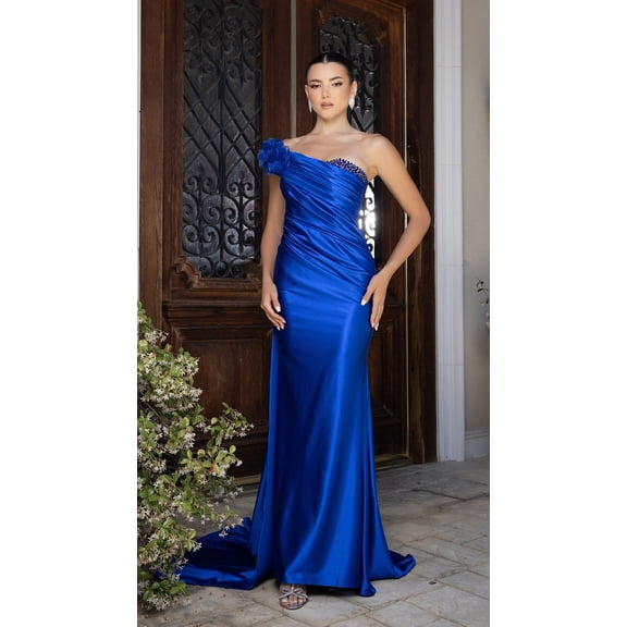 Women's May Queen Elegant Satin Off-Shoulder evening Gown with Floral Appliqué and Sweep Train MQ2175 Dress Royal Blue 16