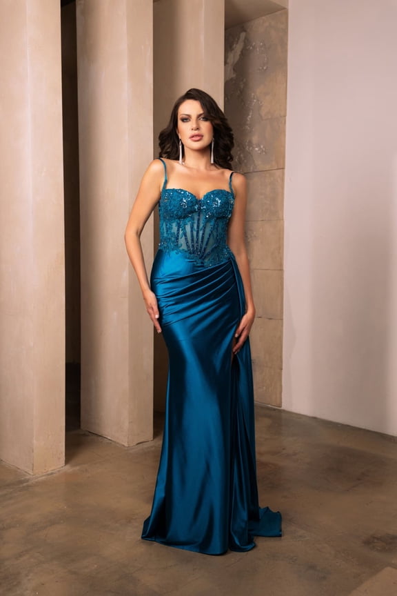 Women's May Queen Formal Dress Spaghetti Straps Sheath High Slit Gown MQ2111 Teal Blue 8
