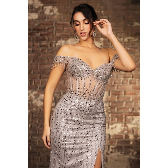Women's May Queen Long Sequins Prom 2026 Dress Off-Shoulder evening elegant Gown & Plus Size MQ2132-New Collection Silver 26