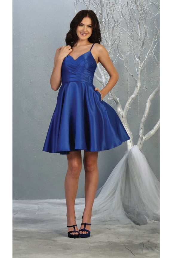 Women's May Queen MQ1654 V Neck Simple Solid Satin Short Hoco Dress Royal Blue 16