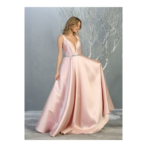 Women's May Queen MQ1683 A Line Plunging V Neck Pockets Sleeveless Prom 2026 Dress Blush Pink 14