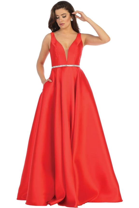 Women's May Queen MQ1683 A Line Plunging V Neck Pockets Sleeveless Prom 2026 Dress Red 6