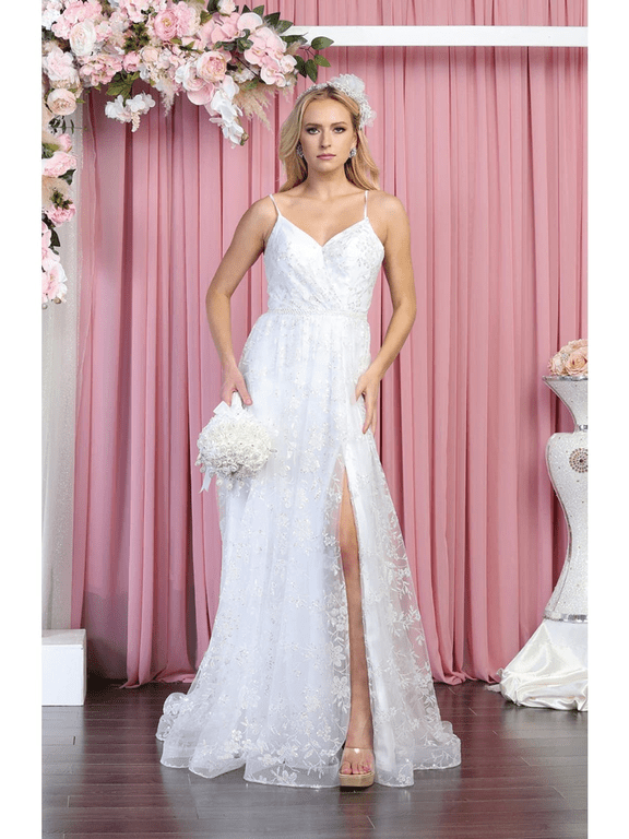 Women's May Queen MQ1787B Glitter High Slit Lace Up Wedding White Long Dress 2