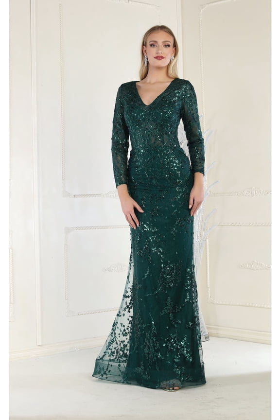 Women's May Queen MQ1850 Long Sleeve Mesh Mermaid Glitter Formal evening elegant Gown Hunter Green 8
