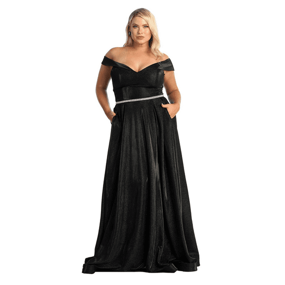 Women's May Queen MQ1876B Side Pockets Off Shoulder Gala Plus Size Black Dress 14