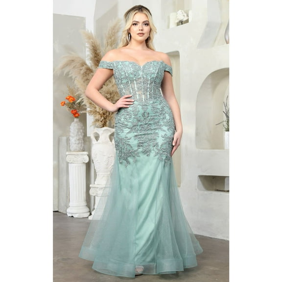 Women's May Queen MQ1995 Embroidered Mermaid Corset Bone Formal Plus Size Gown Sage Green 2