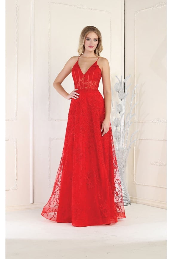 Women's May Queen MQ1996 Corset Bone Embroiderd Lace Prom 2026 Long evening elegant Gown Red 8