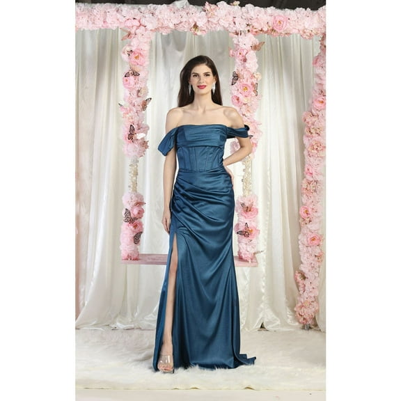 Women's May Queen MQ1998 Corset Bone Ruched Bridesmaids Off Shoulder Dress Teal Blue 4