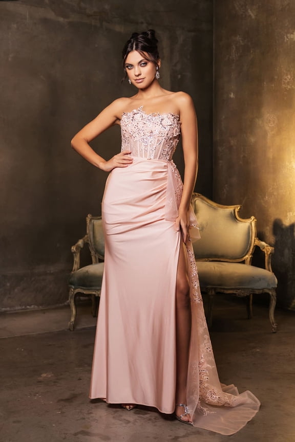 Women's May Queen Prom 2026 Gown High Slit Sheath Strapless Dress MQ2072 Blush Pink 18