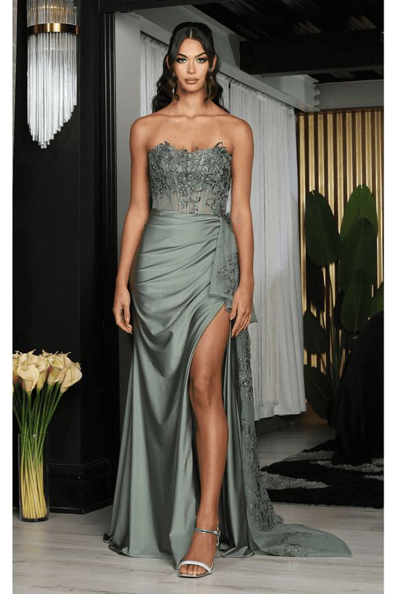 Women's May Queen Prom 2026 Gown High Slit Sheath Strapless Dress MQ2072 Sage Green 10