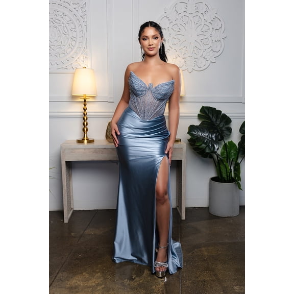 Women's May Queen Strapless Rhinestone Corset evening elegant Gown with High Slit Formal Prom 2026 Dress MQ2184 Dustyblue 14
