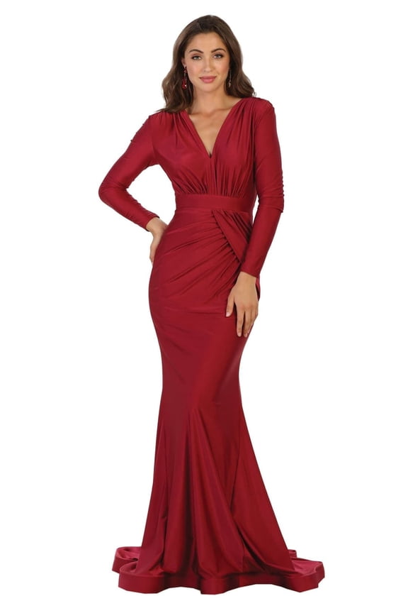 Women's May Queen V Neck Mermaid Dress Classy Long Sleeve evening elegant Gown Burgundy 12